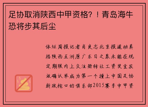 足协取消陕西中甲资格？! 青岛海牛恐将步其后尘