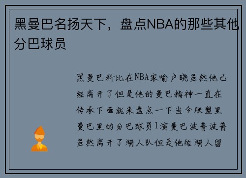 黑曼巴名扬天下，盘点NBA的那些其他分巴球员